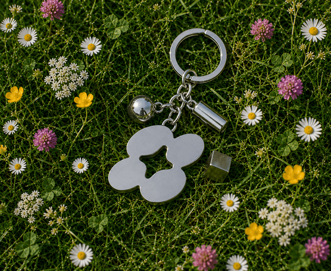 Element metal keychain among small flowers